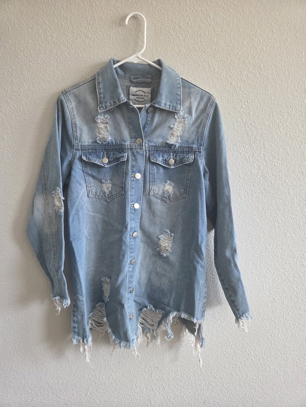 American Bazi Distressed Light Blue Denim Jacket - Women's Casual Shacket